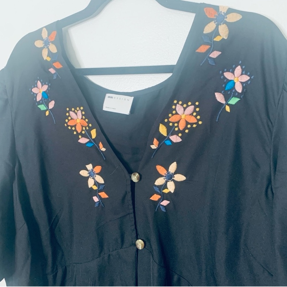 ASOS Curve Black Button-Front Dress with Multicolor Floral Embroidery